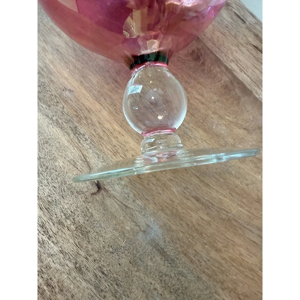 Vintage Cranberry Glass Etched Floral Pedestal Vase Ruffled Rim 7.75 Inch